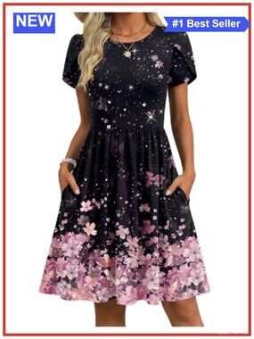 Women's Casual A-Line Swing Dress Short Sleeve with Pockets